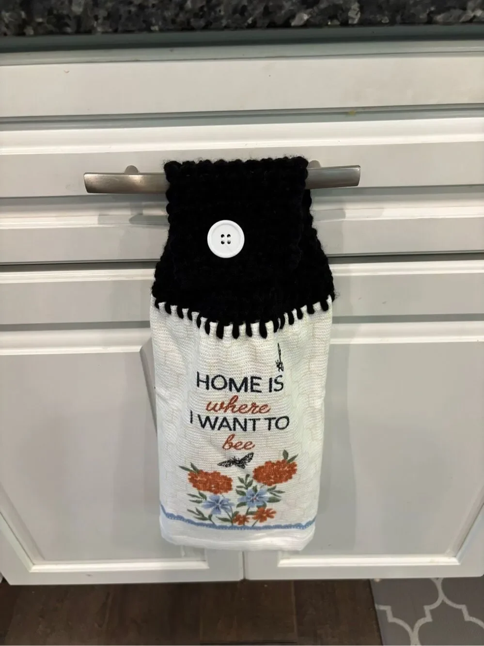 Crochet Top Kitchen Towel- Home is where I want to bee w/flowers